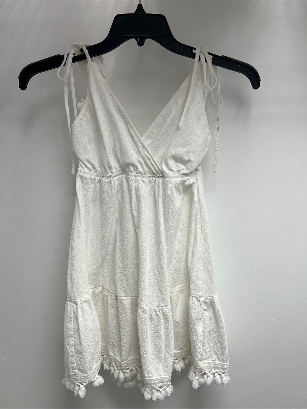 SHEIN White Tie-Shoulder V-Neck Tassel Tiered Mini Dress